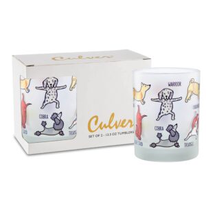 culver everyday decorated frosted double old fashioned tumbler glasses, 13.5-ounce, gift boxed set of 2 (doggy yoga dogs)