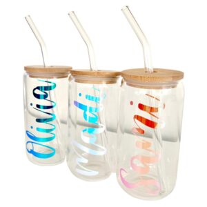 personalized iced coffee glass cup with bamboo lid & straw, 16 oz capacity, color options available
