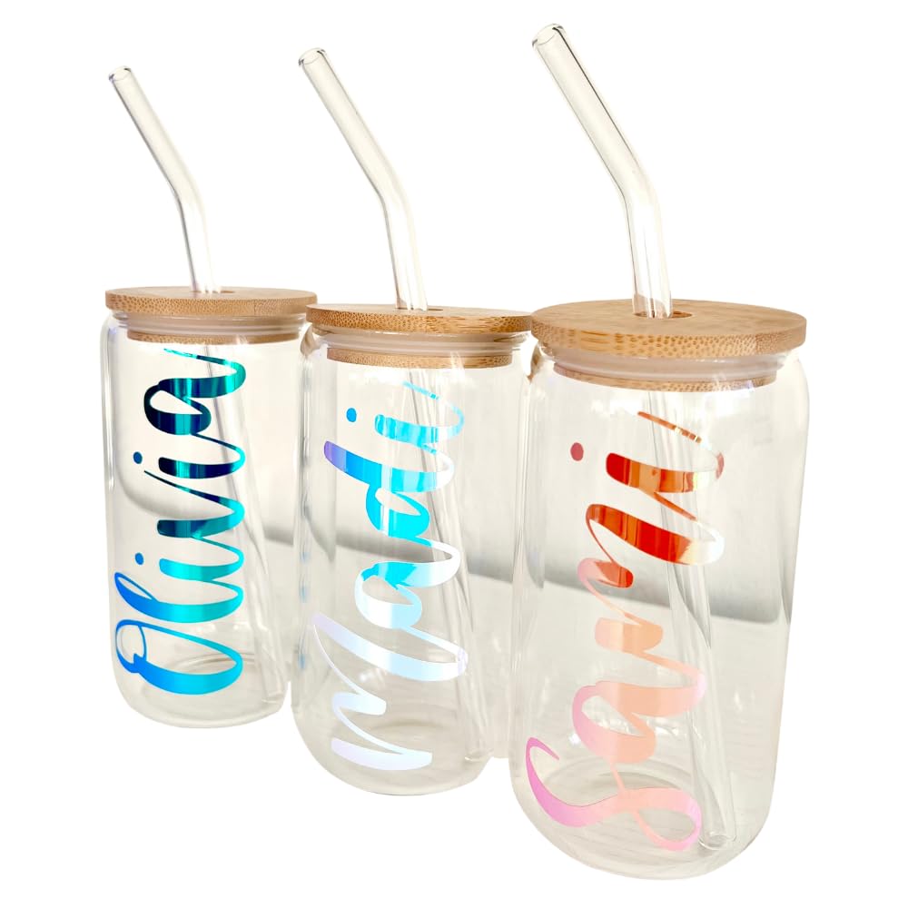 Personalized Iced Coffee Glass Cup With Bamboo Lid & Straw, 16 Oz Capacity, Color Options Available