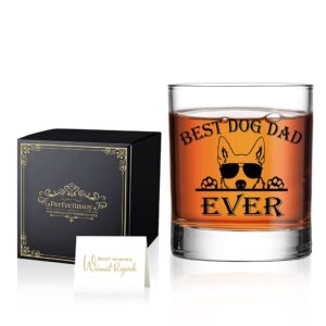 perfectinsoy dog dad ever whiskey glass with gift box, cute bull terrier dog themed, dog lover gifts for him, dog dads, dad, grandpa, uncle, brothers, husband, whiskey glass gift for dog lovers