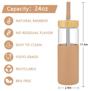Tronco 24 oz Glass Water Bottles with Straw and 2 Bamboo Lids,Iced Coffee Cup Reusable, Smoothie Cup,Glass Boba Cup,Glass Tumbler with Silicone Protective Sleeve BPA Free - 1 Pack
