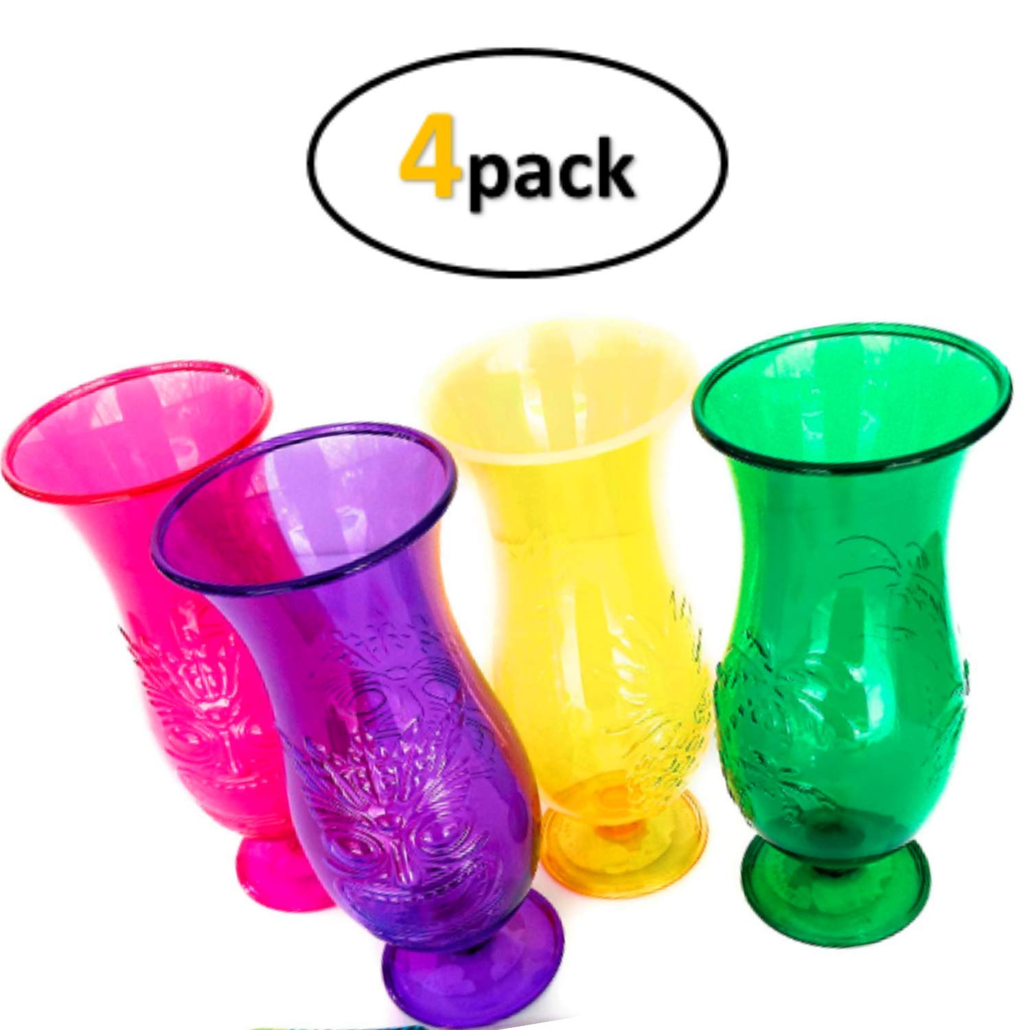 TopNotch Outlet Hurricane Glasses - Plastic Luau Tumblers (4 Pc) Tropical Summer Party Ready - Tall Frozen Cocktail Cups - Break Resistant