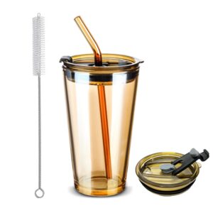 glass tumbler cup with lid and straw, 15oz leak-proof clear reusable glass cups smoothie mugs for cold & hot drink beverage soda water juice party cup for office outdoor dining poolside parties