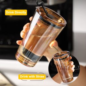 Glass Tumbler Cup with Lid and Straw, 15oz Leak-Proof Clear Reusable Glass Cups Smoothie Mugs for Cold & Hot Drink Beverage Soda Water Juice Party Cup for Office Outdoor Dining Poolside Parties