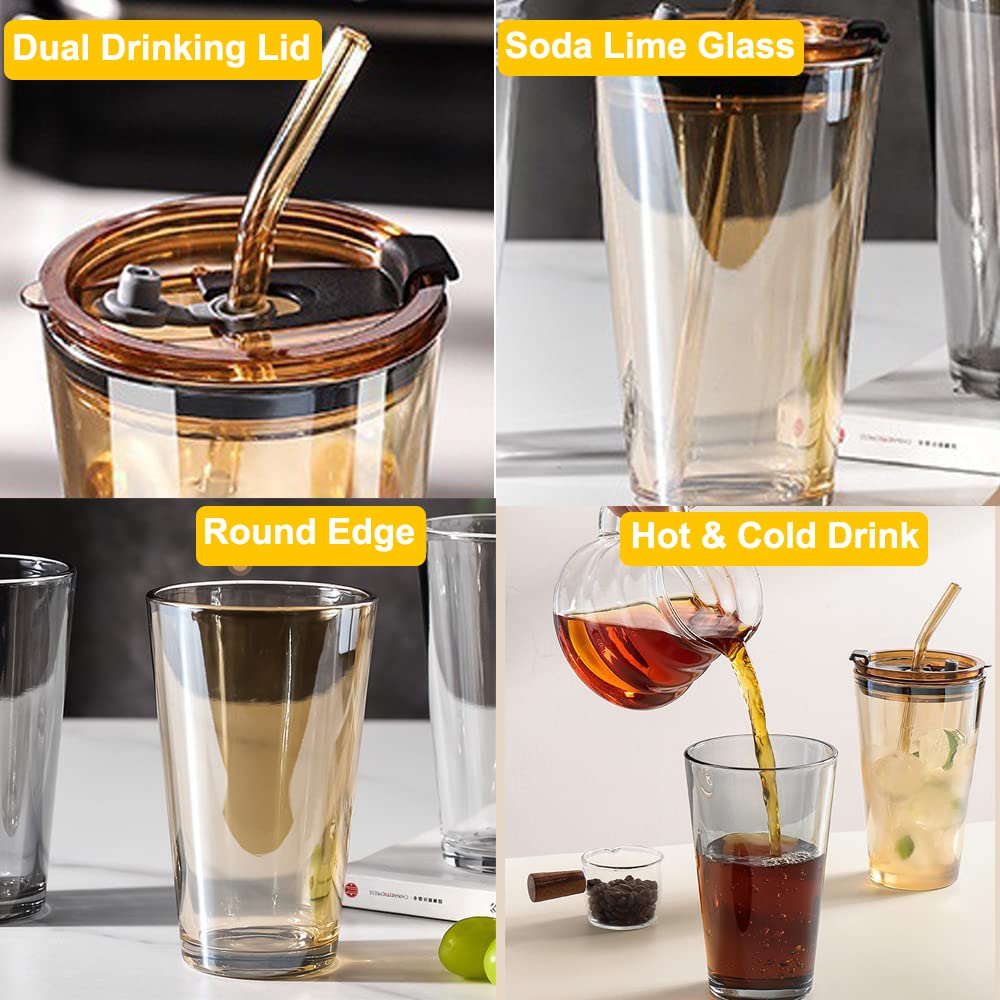 Glass Tumbler Cup with Lid and Straw, 15oz Leak-Proof Clear Reusable Glass Cups Smoothie Mugs for Cold & Hot Drink Beverage Soda Water Juice Party Cup for Office Outdoor Dining Poolside Parties