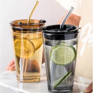 Glass Tumbler Cup with Lid and Straw, 15oz Leak-Proof Clear Reusable Glass Cups Smoothie Mugs for Cold & Hot Drink Beverage Soda Water Juice Party Cup for Office Outdoor Dining Poolside Parties