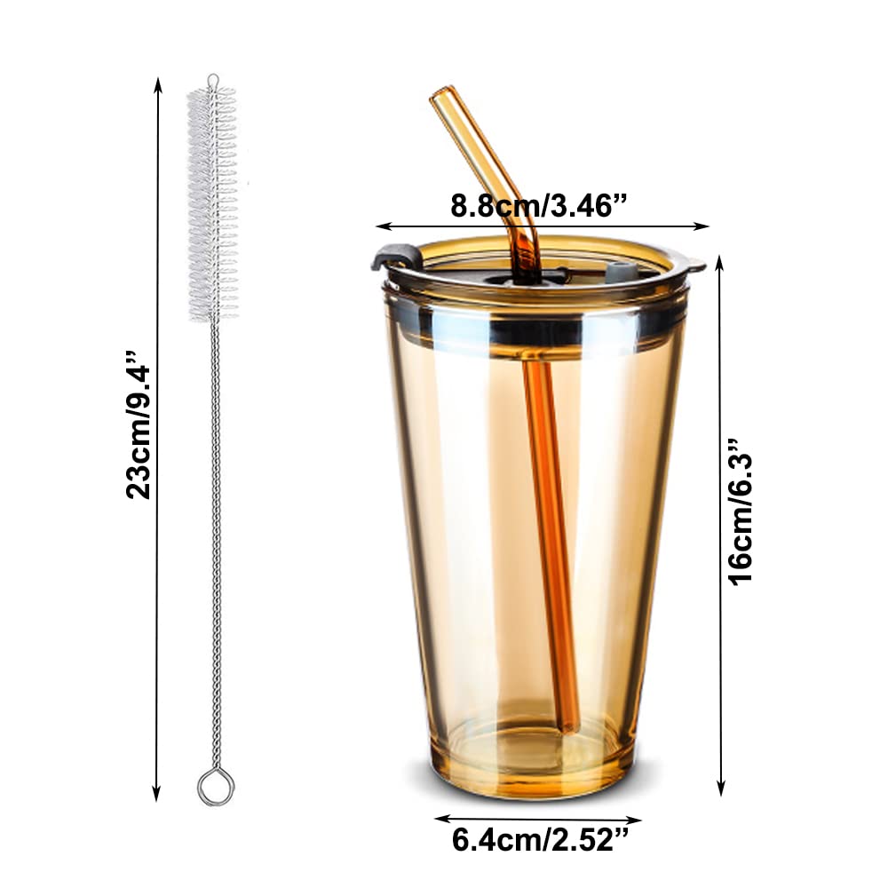 Glass Tumbler Cup with Lid and Straw, 15oz Leak-Proof Clear Reusable Glass Cups Smoothie Mugs for Cold & Hot Drink Beverage Soda Water Juice Party Cup for Office Outdoor Dining Poolside Parties