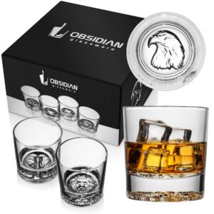 wild life whiskey glasses - eagle, lion, elephant, wolf imprinted low ball drinking glass set of 4 11.5 ounces bar glasses | old fashioned tumblers | lowball glasses | rocks glasses