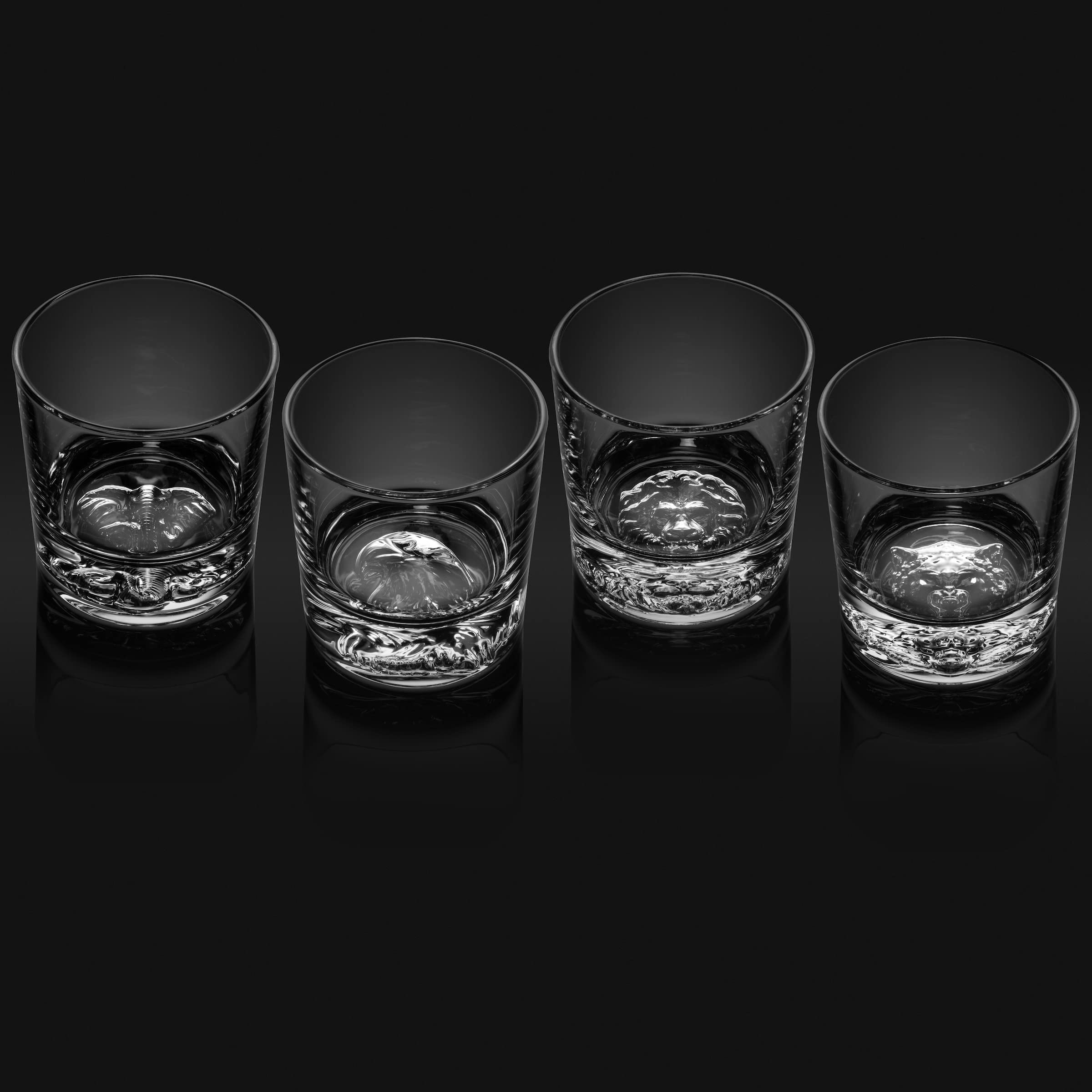 Wild Life Whiskey Glasses - Eagle, Lion, Elephant, Wolf Imprinted Low Ball Drinking Glass Set of 4 11.5 Ounces Bar Glasses | Old Fashioned Tumblers | Lowball Glasses | Rocks Glasses