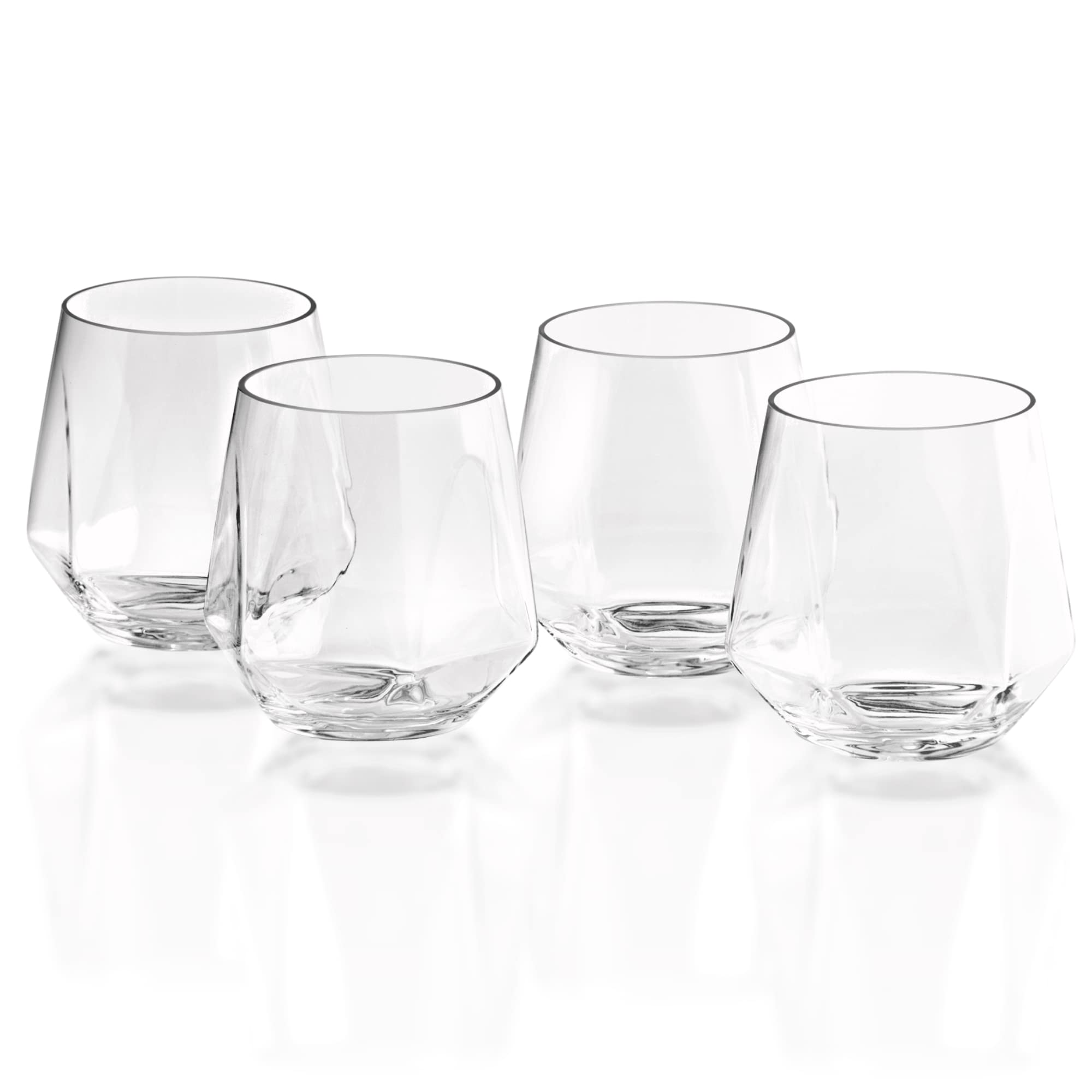 GRANDTIES 12oz Diamond Unbreakable TRITAN Cup set of 4, Plastic Drinking Glasses, BPA-free Stemless Wine Glass, Dishwasher Safe Tumbler, Made in Taiwan- Whisky, Cocktail, Pool, Highball, Party