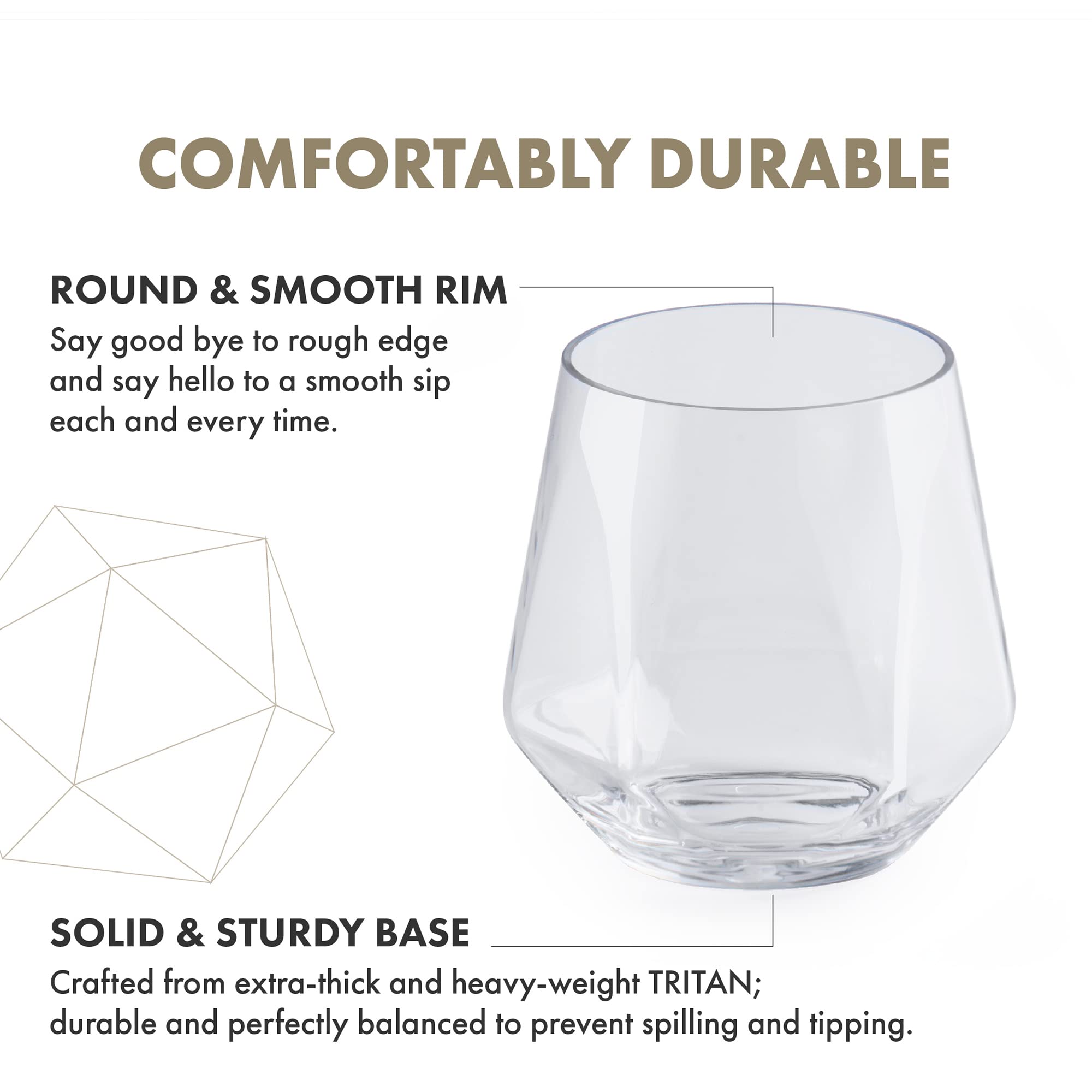 GRANDTIES 12oz Diamond Unbreakable TRITAN Cup set of 4, Plastic Drinking Glasses, BPA-free Stemless Wine Glass, Dishwasher Safe Tumbler, Made in Taiwan- Whisky, Cocktail, Pool, Highball, Party