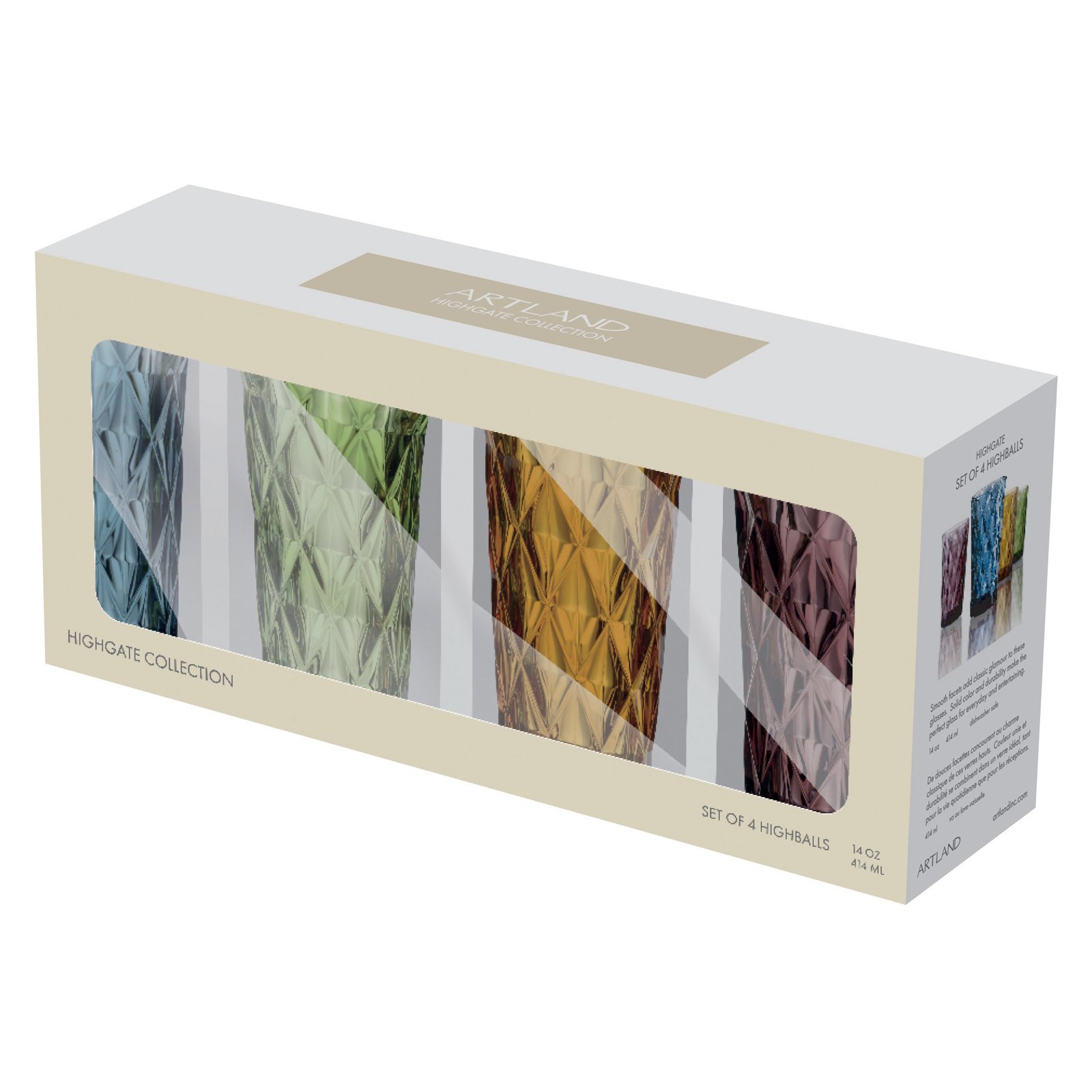 ARTLAND High Gate 14 oz Assorted Colors Highball in a Gift Box (Set of 4), Small, Glass, 30031