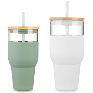 kytffu 32oz glass tumbler with straw and lid, reusable boba smoothie cup iced coffee tumbler with silicone sleeve, fits cup holder glass water bottle bpa free, olive + white
