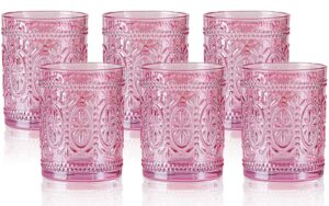 6 pack pink vintage glassware set, 10oz romantic drinking glasses, colored water glasses, pink embossed glass cups for juice, cocktails, beer, iced tea, soda