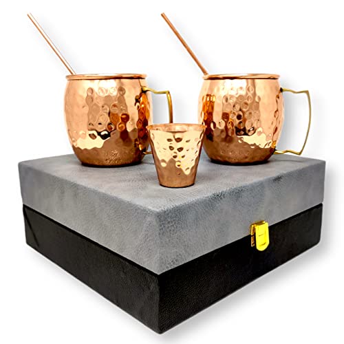 Hashcart® Moscow Mule Kit Moscow Mule Mugs Copper Mule Mugs Set of 2 Moscow Mule Cups Hand Hammered with 1 Shot Glass, 2 Cocktail Straws & Gift Box (16 oz)