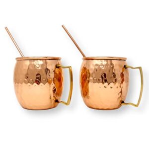 Hashcart® Moscow Mule Kit Moscow Mule Mugs Copper Mule Mugs Set of 2 Moscow Mule Cups Hand Hammered with 1 Shot Glass, 2 Cocktail Straws & Gift Box (16 oz)