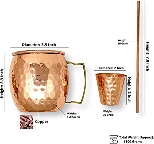 Hashcart® Moscow Mule Kit Moscow Mule Mugs Copper Mule Mugs Set of 2 Moscow Mule Cups Hand Hammered with 1 Shot Glass, 2 Cocktail Straws & Gift Box (16 oz)