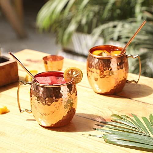 Hashcart® Moscow Mule Kit Moscow Mule Mugs Copper Mule Mugs Set of 2 Moscow Mule Cups Hand Hammered with 1 Shot Glass, 2 Cocktail Straws & Gift Box (16 oz)