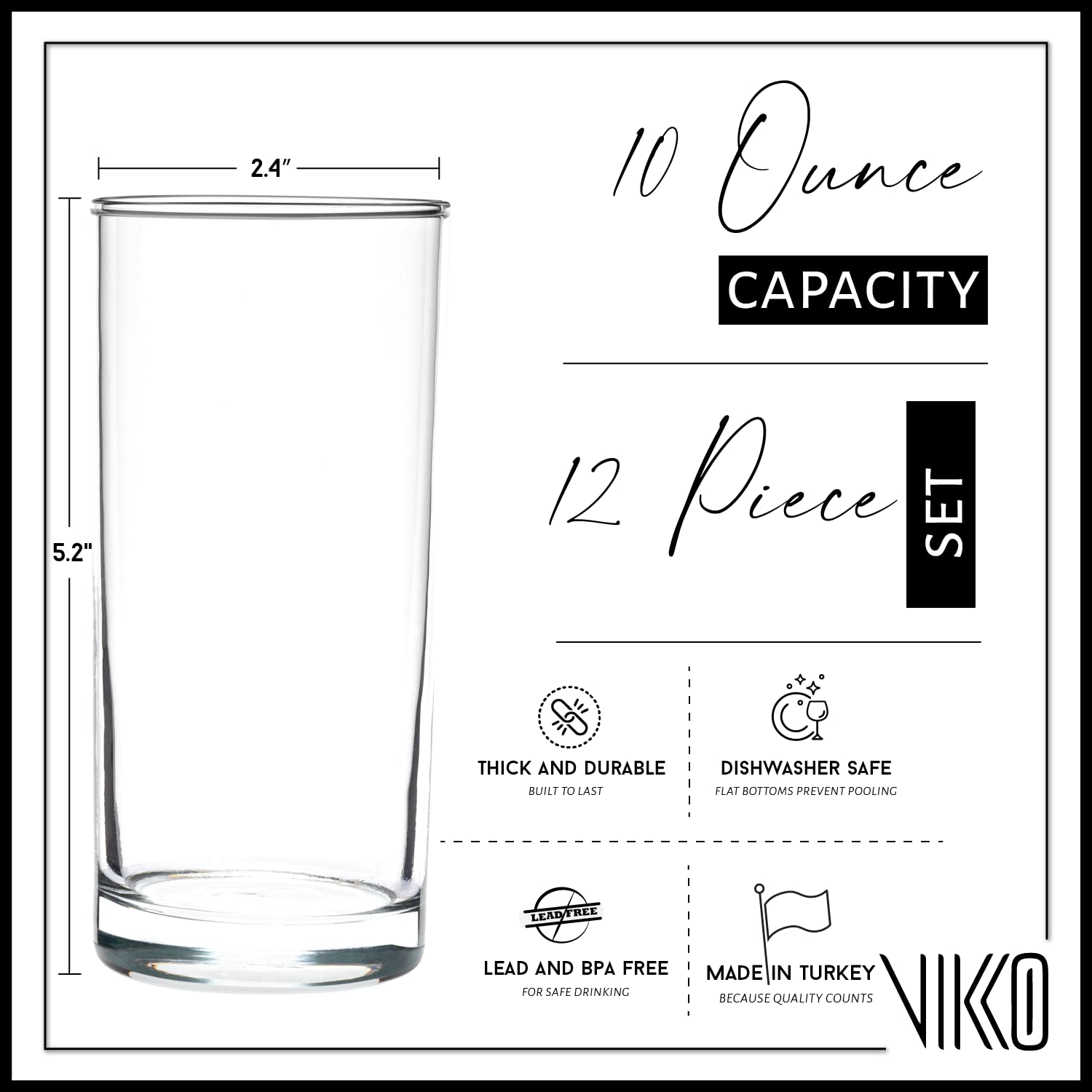 Vikko Water Glasses, Set of 12 Drinking Glasses, Thick and Durable Tumbler, 10 Ounce Tall Kitchen Glasses, Dishwasher Safe Highball Glass Tumbler, Heavy Duty Cups