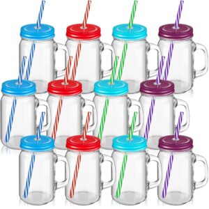 set of 12 mason jars with handle 16 oz mason jar mugs with handles lids and straws mason jar cups mason jar drinking glasses with colored metal lids and plastic straws for kids adults party daily use