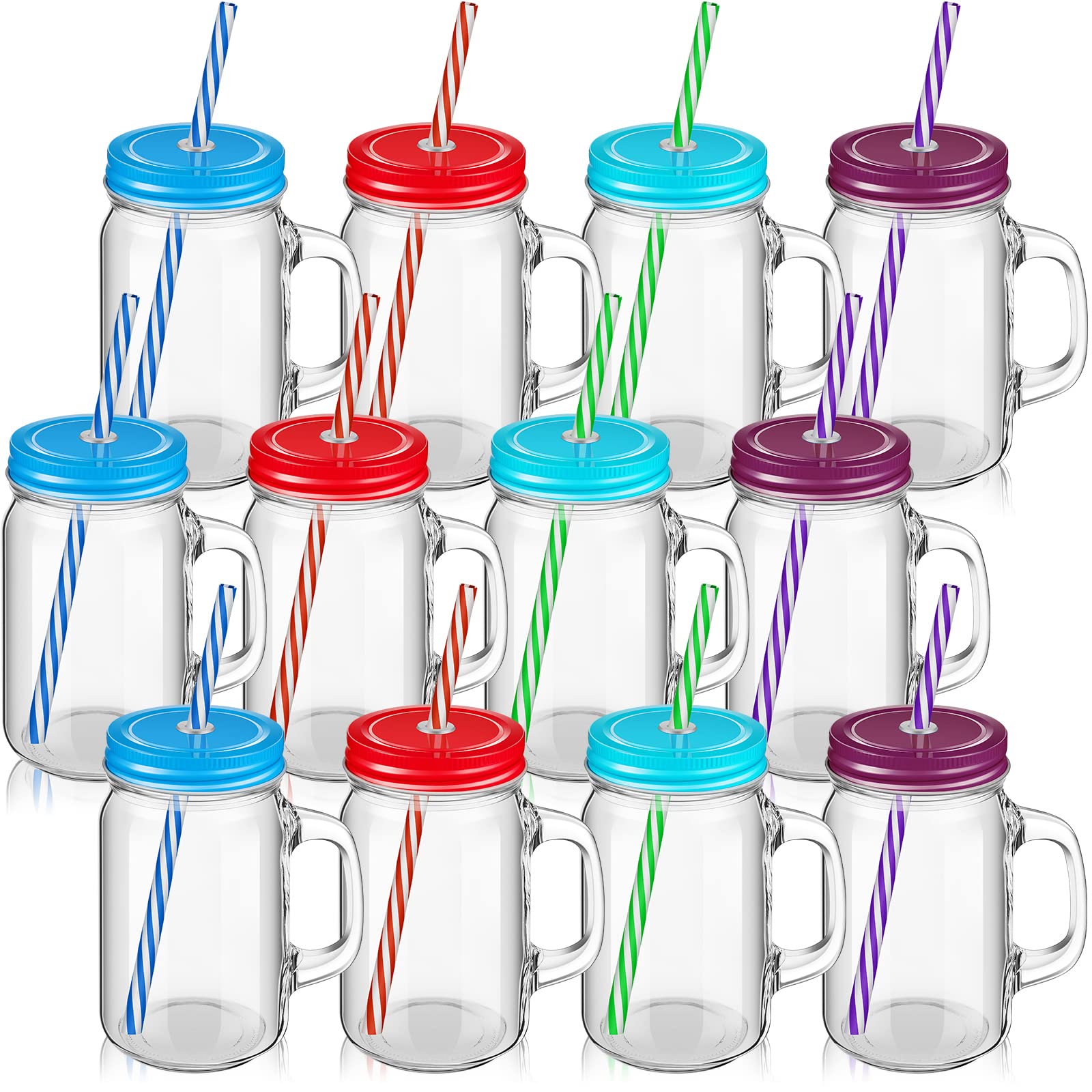 Set of 12 Mason Jars with Handle 16 oz Mason Jar Mugs with Handles Lids and Straws Mason Jar Cups Mason Jar Drinking Glasses with Colored Metal Lids and Plastic Straws for Kids Adults Party Daily Use