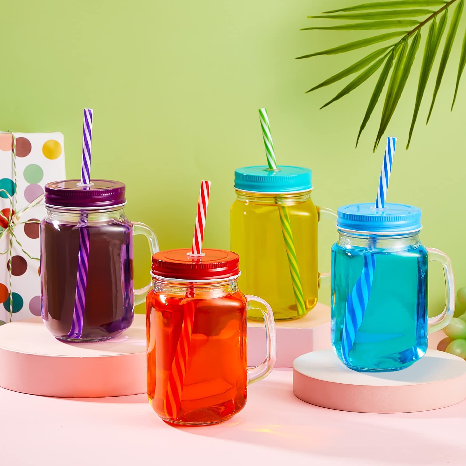 Set of 12 Mason Jars with Handle 16 oz Mason Jar Mugs with Handles Lids and Straws Mason Jar Cups Mason Jar Drinking Glasses with Colored Metal Lids and Plastic Straws for Kids Adults Party Daily Use