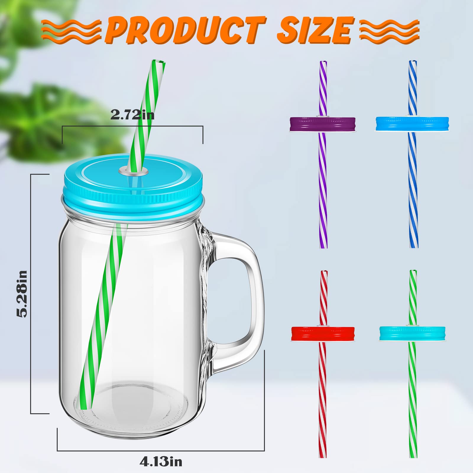 Set of 12 Mason Jars with Handle 16 oz Mason Jar Mugs with Handles Lids and Straws Mason Jar Cups Mason Jar Drinking Glasses with Colored Metal Lids and Plastic Straws for Kids Adults Party Daily Use