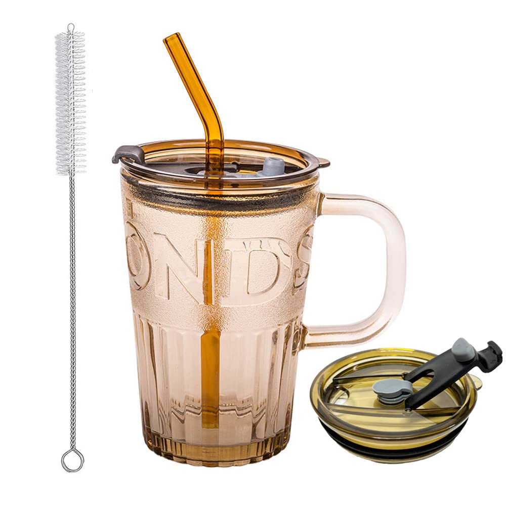 OURASHERO Glass Tumbler Cup with Straw Lid&Handle, 15oz Leak-Proof Clear Reusable Glass Cups Smoothie Mugs for Cold & Hot Drink Beverage Soda Water