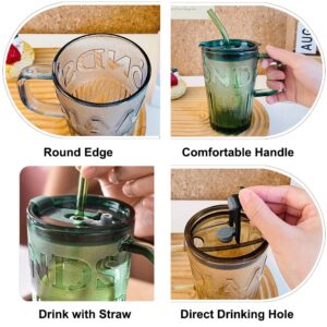 OURASHERO Glass Tumbler Cup with Straw Lid&Handle, 15oz Leak-Proof Clear Reusable Glass Cups Smoothie Mugs for Cold & Hot Drink Beverage Soda Water