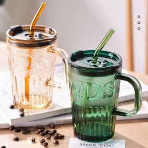 OURASHERO Glass Tumbler Cup with Straw Lid&Handle, 15oz Leak-Proof Clear Reusable Glass Cups Smoothie Mugs for Cold & Hot Drink Beverage Soda Water