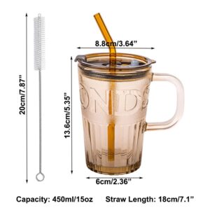 OURASHERO Glass Tumbler Cup with Straw Lid&Handle, 15oz Leak-Proof Clear Reusable Glass Cups Smoothie Mugs for Cold & Hot Drink Beverage Soda Water