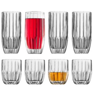godinger drinking glasses set, highball drinking glasses and whiskey glasses, 8pc barware set, tall glass cups, water glasses, cocktail glasses - 4 highballs (12oz) and 4 whiskey glasses (10oz)
