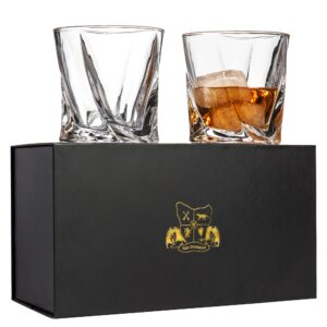 twist whiskey aesthetic glasses set of 2, ultra clarity glass rocks tumblers (10oz) by van daemon for liquor, bourbon or scotch, perfectly gift boxed