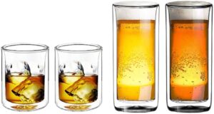 sun's tea (set of 4) strong double wall glasses - 16oz highball beer glasses and 9oz old fashioned whiskey glasses (borosilicate glass, not plastic)