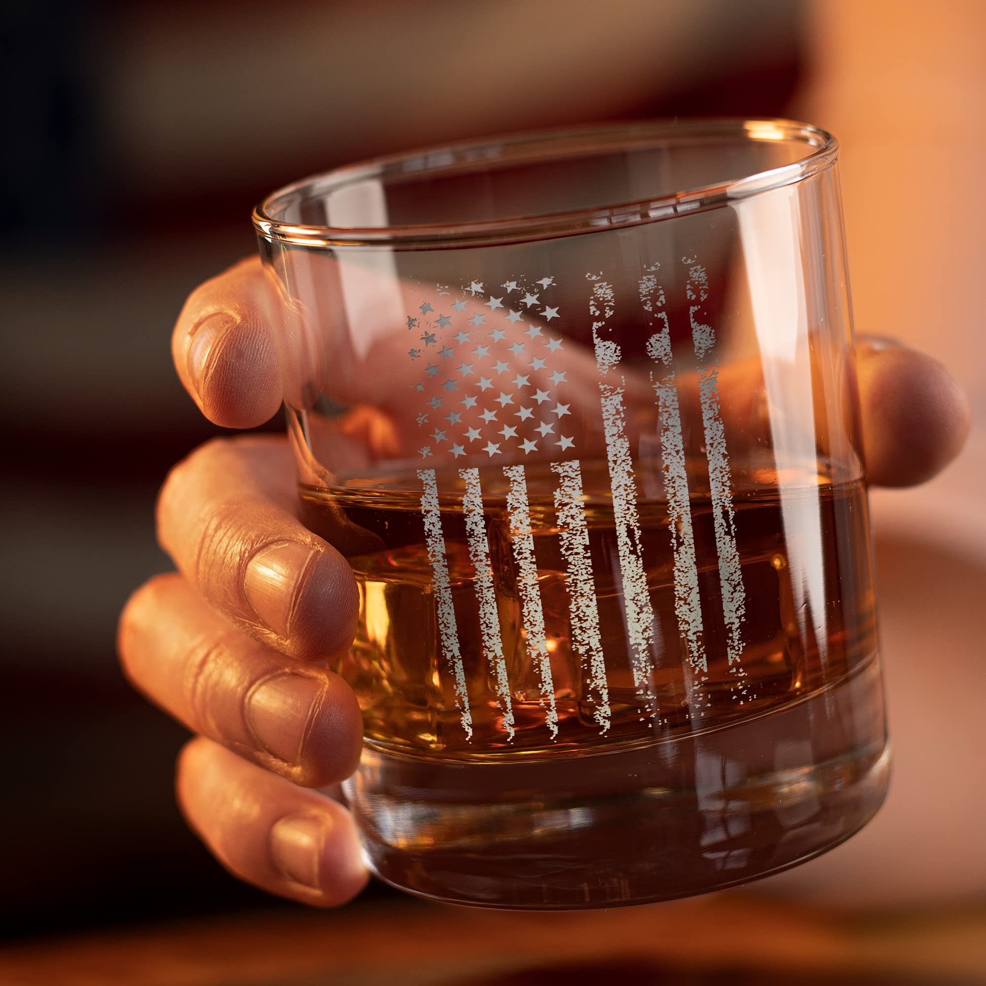 Distressed American Flag - Old Fashioned Whiskey Rocks Bourbon Glass - 10 oz capacity