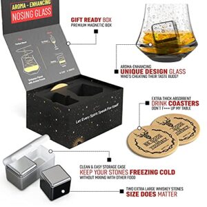 SPIRIT LUX Aroma Enhance Bourbon Glasses Gift- Set for Men included extra Large Whiskey Stones, Whiskey Glass Gift Set for brother and sister in laws. Scotch glass crystal stainless steel ice cube