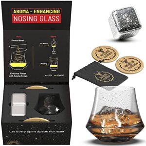 spirit lux aroma enhance bourbon glasses gift- set for men included extra large whiskey stones, whiskey glass gift set for brother and sister in laws. scotch glass crystal stainless steel ice cube