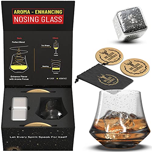 SPIRIT LUX Aroma Enhance Bourbon Glasses Gift- Set for Men included extra Large Whiskey Stones, Whiskey Glass Gift Set for brother and sister in laws. Scotch glass crystal stainless steel ice cube