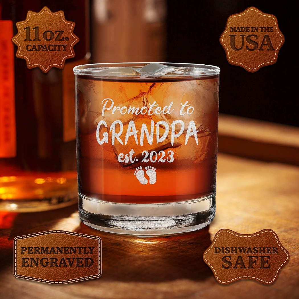 shop4ever® Promoted To Grandpa Est 2023 Engraved Whiskey Glass Gift for First Time Grandpa, New Granddad, Grandpa to Be