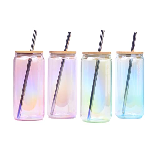 H&T Designs 4 Pack Iridescent Mason Jar Cups Drinking Glasses with Bamboo Lids Stainless Steel Straws