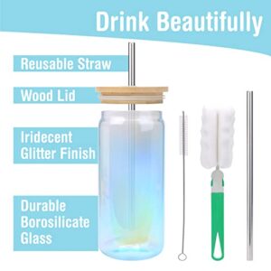 H&T Designs 4 Pack Iridescent Mason Jar Cups Drinking Glasses with Bamboo Lids Stainless Steel Straws