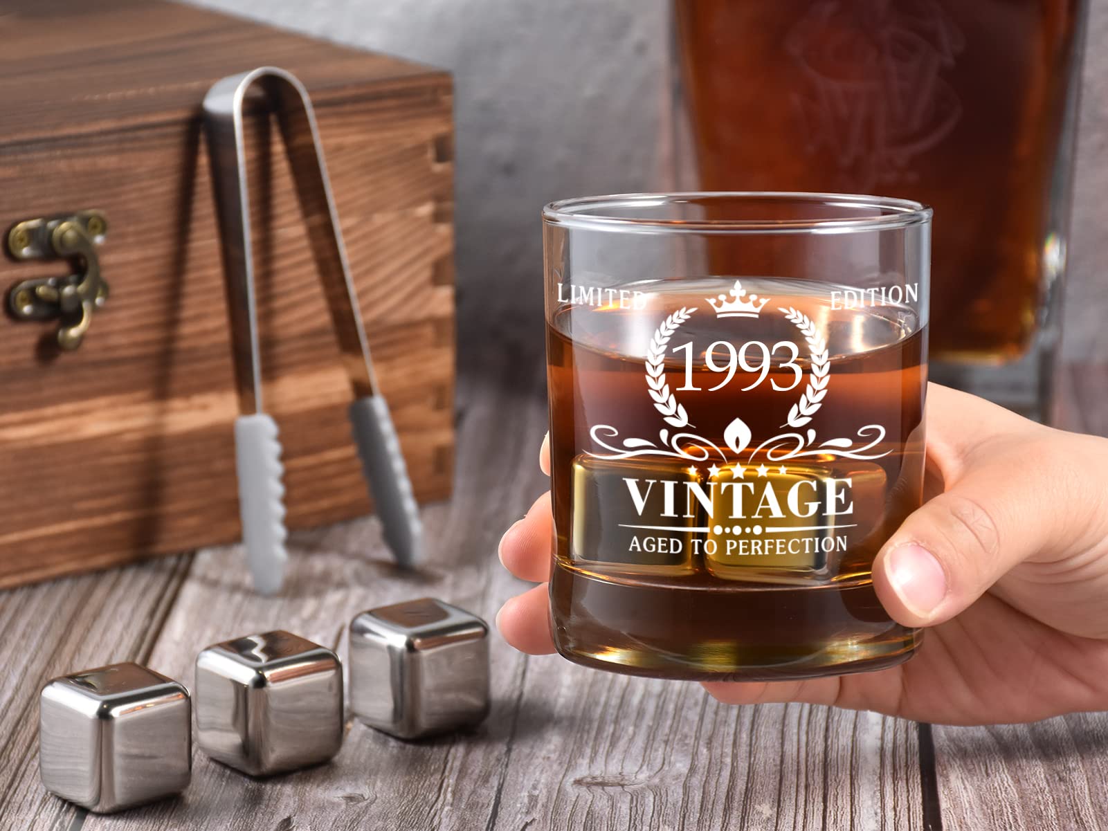 31st Birthday Gifts for Men, Vintage 1993 Whiskey Glass and Stones Gift Set of 2, Funny 31 Birthday Gift for Dad Husband Brother, 31 Birthday Present Ideas for Him, 31 Year Old Bday Decorations