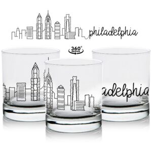 toasted tales philadelphia skyline whiskey glass | philadelphia glass scribble cities | 11 oz. old fashioned rocks glass urban city design for philadelphia lovers | american city collection