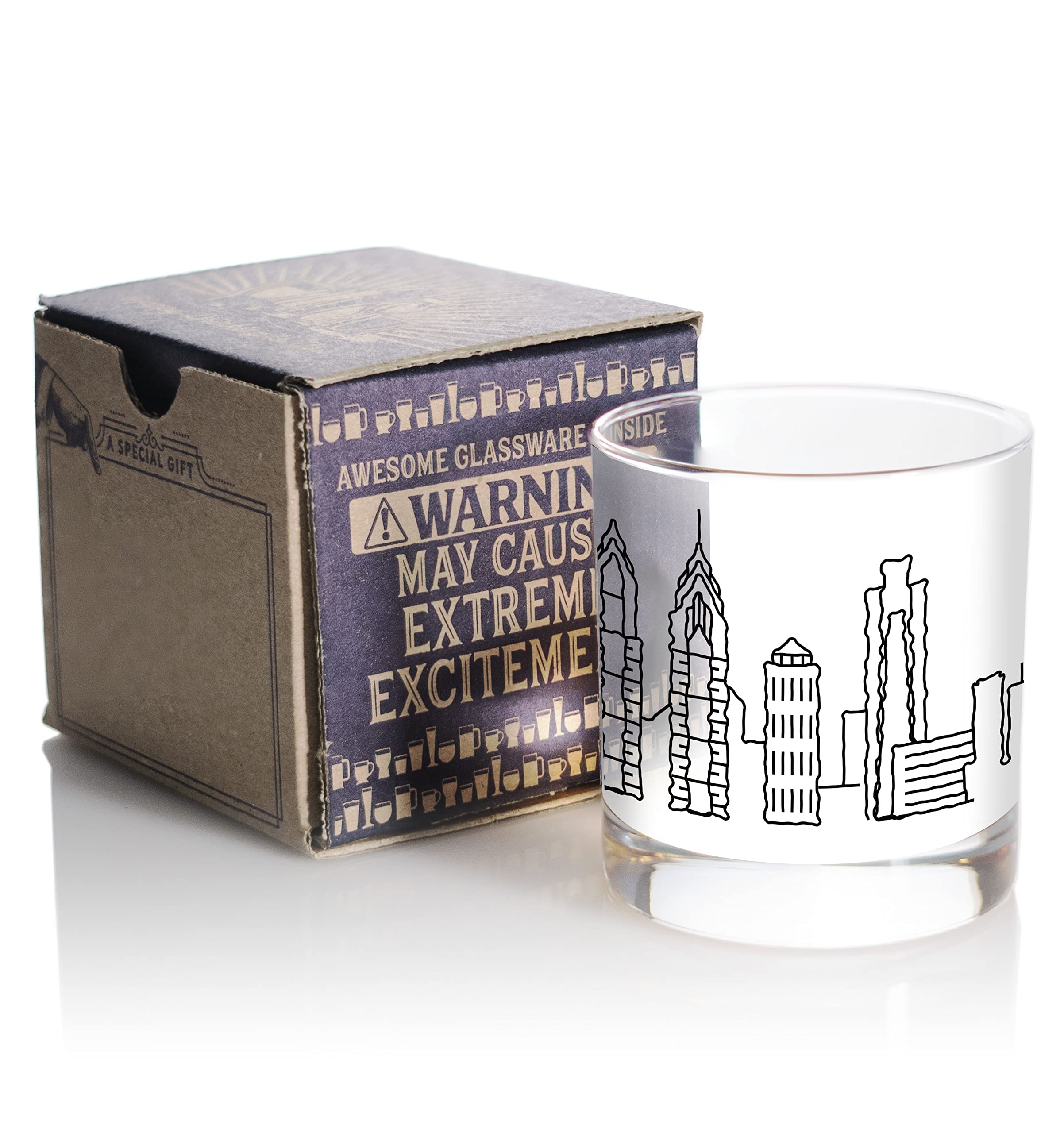 Toasted Tales Philadelphia Skyline Whiskey Glass | Philadelphia Glass Scribble Cities | 11 oz. Old Fashioned Rocks Glass Urban City Design For Philadelphia Lovers | American City Collection