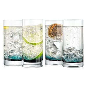 nutrichef 12.5oz highball drinking glasses - set of 4 heavy base tall tumbler clear glassware for water, wine, beer, liquor, gin, cocktail, whiskey, juice, iced coffee, mixed drinks, dishwasher safe