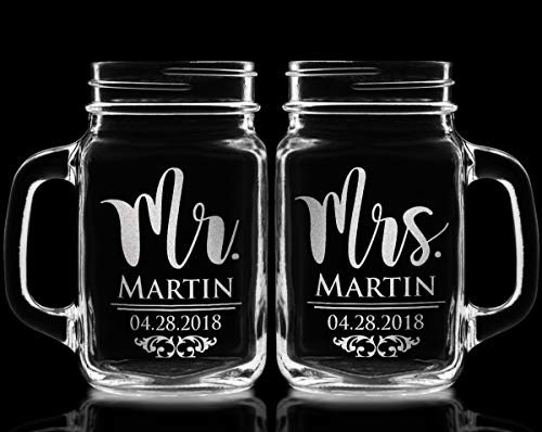 Mr. Mrs. Set of 2 Mason Jars Couples Personalized Glasses Wedding Favor for Bride Groom Newlyweds to Be Husband Wife 50th 25th Idea Personalized Last Name Couple Present