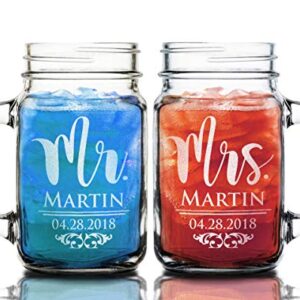 Mr. Mrs. Set of 2 Mason Jars Couples Personalized Glasses Wedding Favor for Bride Groom Newlyweds to Be Husband Wife 50th 25th Idea Personalized Last Name Couple Present