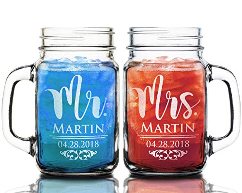 Mr. Mrs. Set of 2 Mason Jars Couples Personalized Glasses Wedding Favor for Bride Groom Newlyweds to Be Husband Wife 50th 25th Idea Personalized Last Name Couple Present