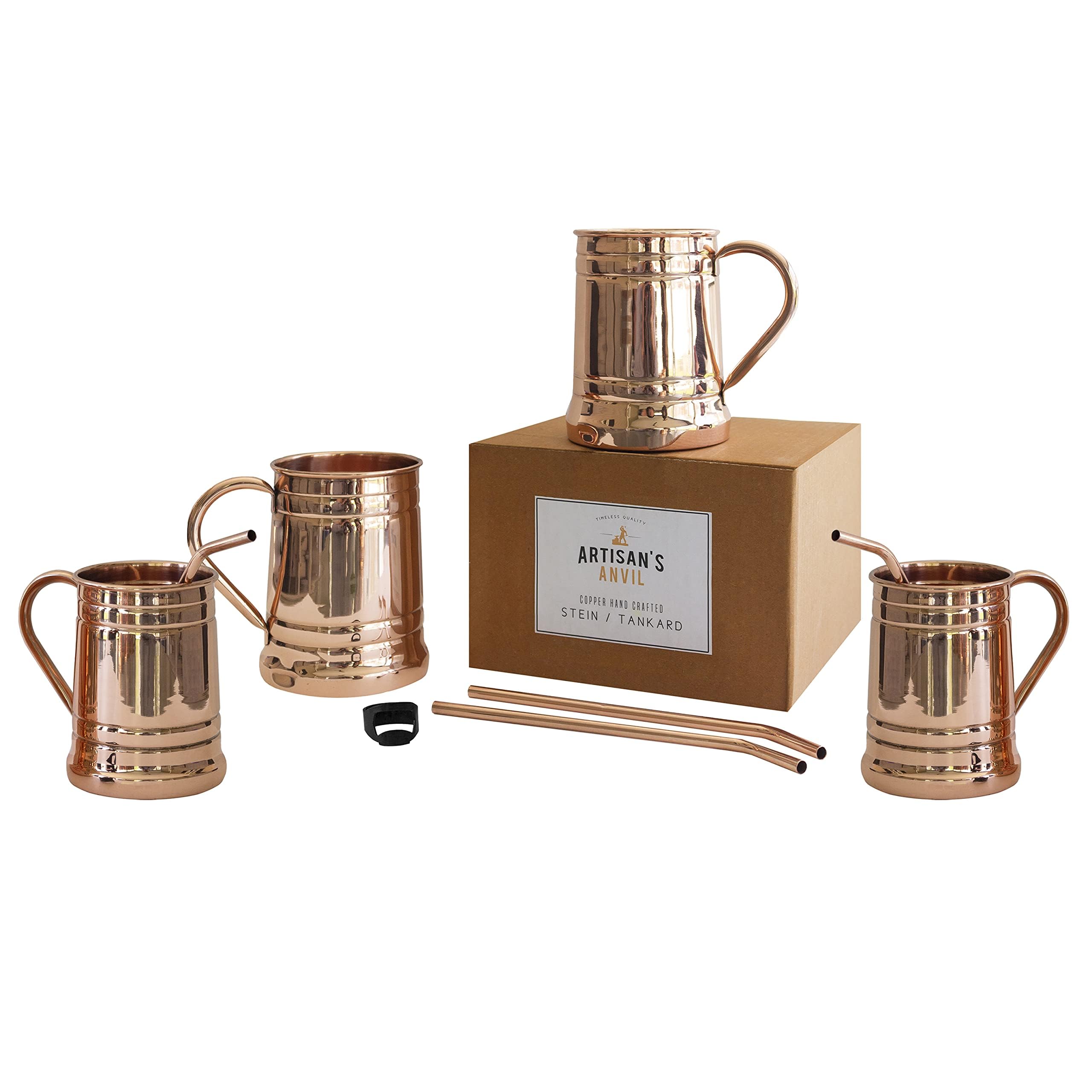 Artisan's Anvil Moscow Mule Mugs Beer Stein Set of 4 + Copper Straws + Bottle Opener Four Solid 18 oz Copper Mugs Gift Set – 100% Pure Copper Unique Tankard Look – Handmade Unlined Copper Cups