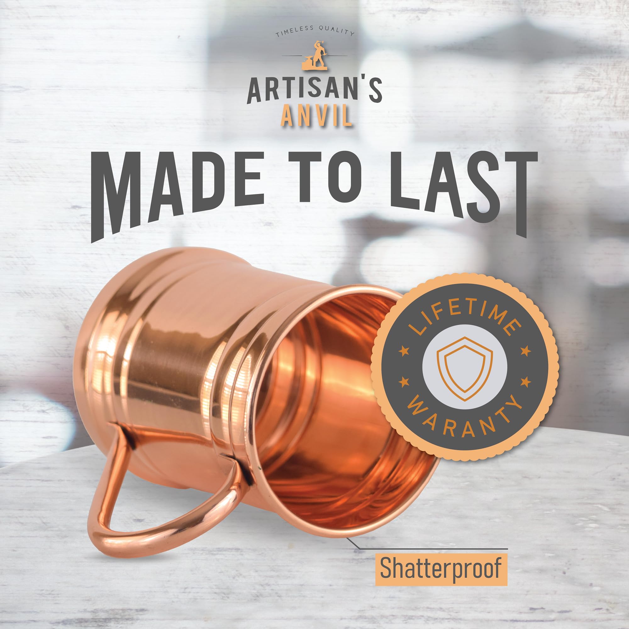 Artisan's Anvil Moscow Mule Mugs Beer Stein Set of 4 + Copper Straws + Bottle Opener Four Solid 18 oz Copper Mugs Gift Set – 100% Pure Copper Unique Tankard Look – Handmade Unlined Copper Cups